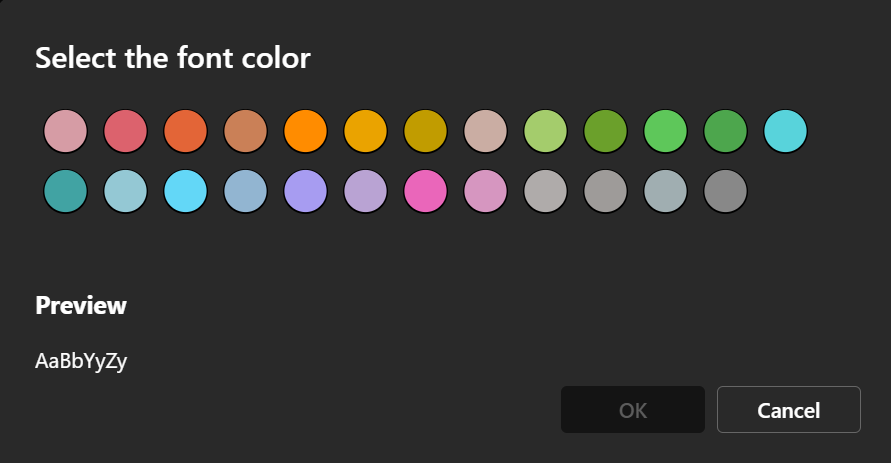 Screenshot of available colors to choose from for the conditional formatting. Includes shades of pink, red, orange, yellow, green, blue, purple, gray.