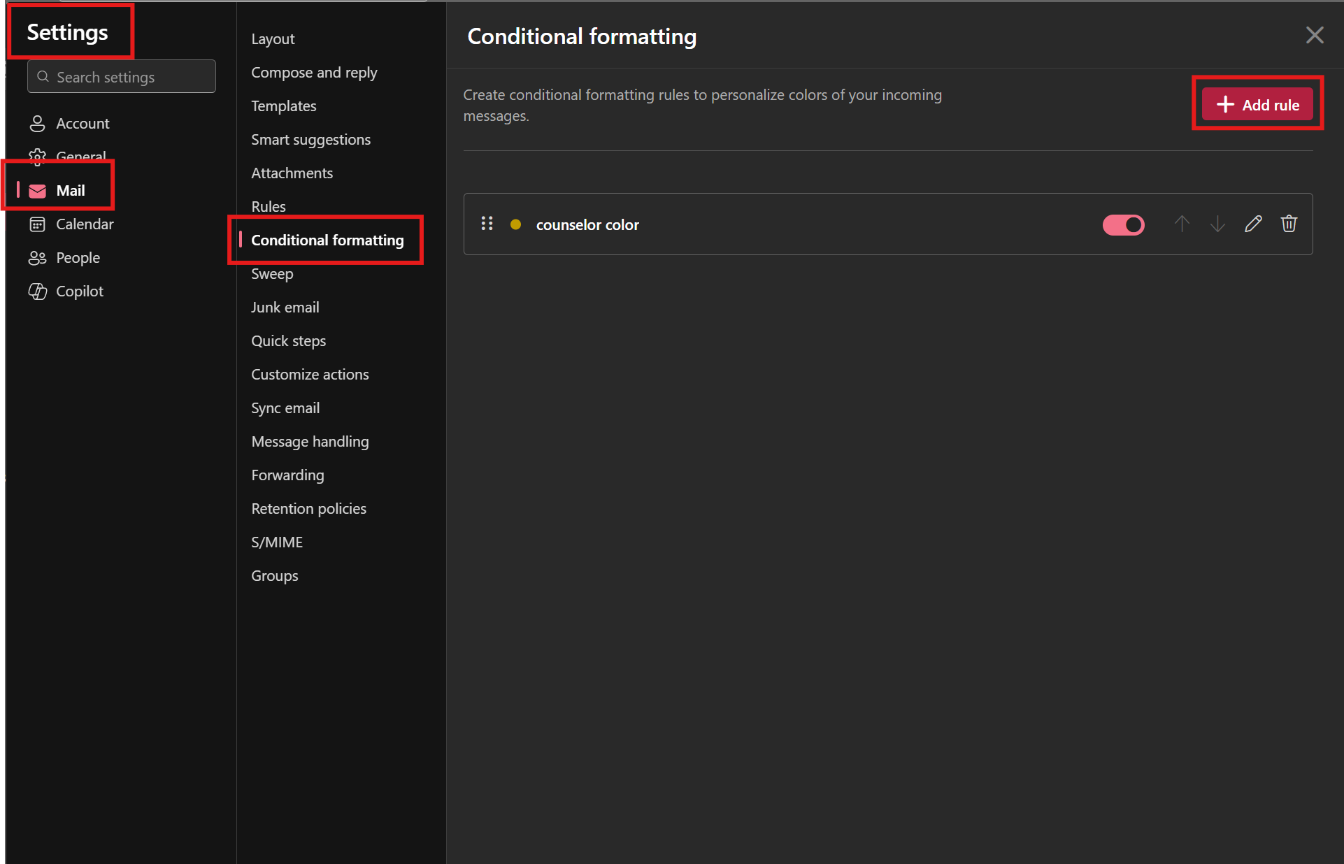 Screenshot of Outlook settings page with emphasis on the Settings text, the Mail tab, the Conditional formatting tab, and the Add rule button